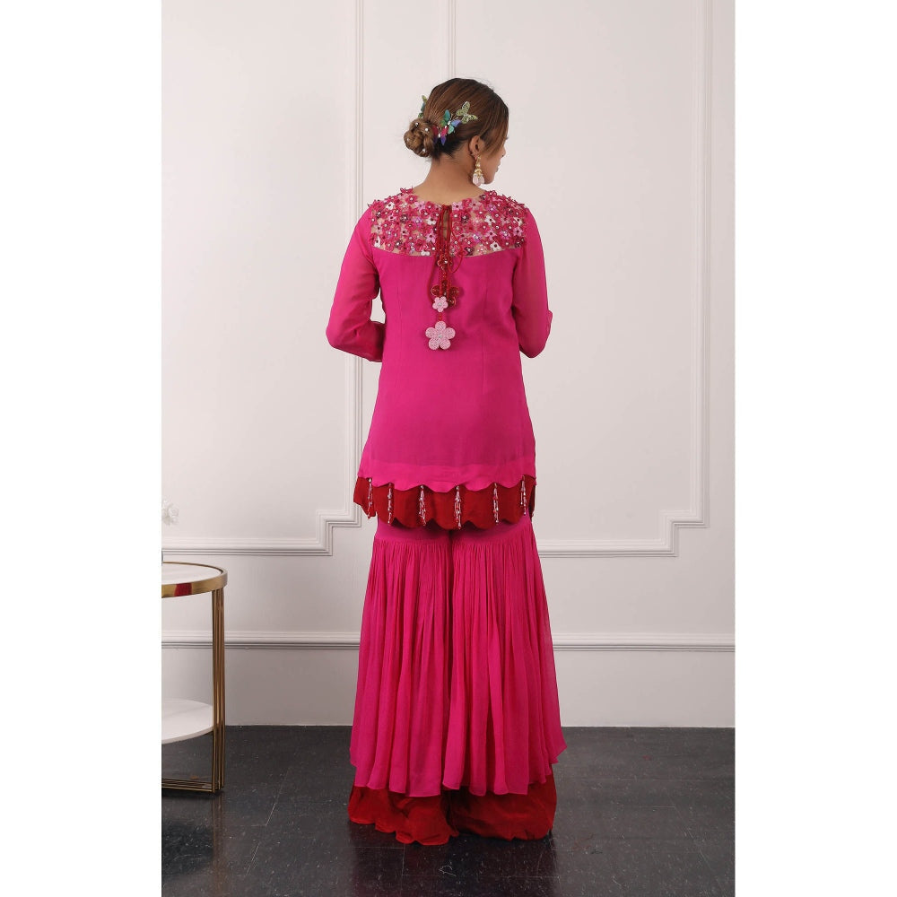 Kiran Kalsi Pink 3D Embroidered Kurti with Sharara and Dupatta (Set of 3)