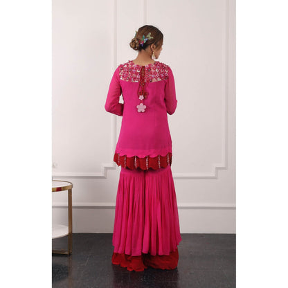 Kiran Kalsi Pink 3D Embroidered Kurti with Sharara and Dupatta (Set of 3)