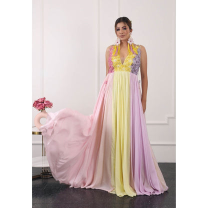 Kiran Kalsi Multi-Color 3D Floral Embroidered Maxi Dress