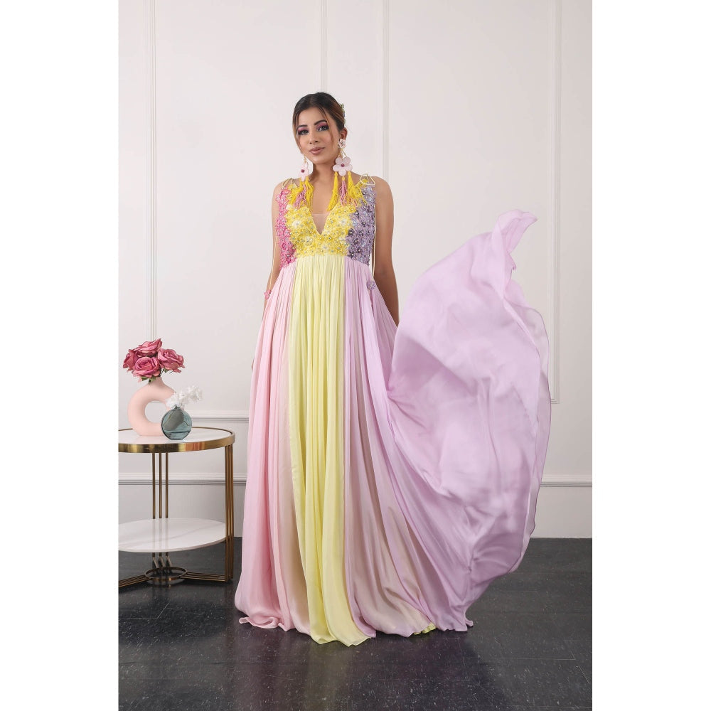 Kiran Kalsi Multi-Color 3D Floral Embroidered Maxi Dress