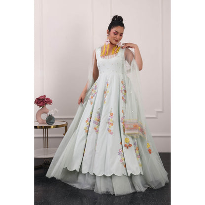 Kiran Kalsi Mint Green 3D Floral Embroidered Anarkali Kurta and Dupatta (Set of 2)