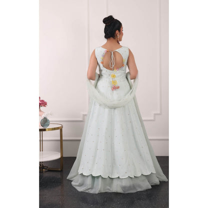 Kiran Kalsi Mint Green 3D Floral Embroidered Anarkali Kurta and Dupatta (Set of 2)