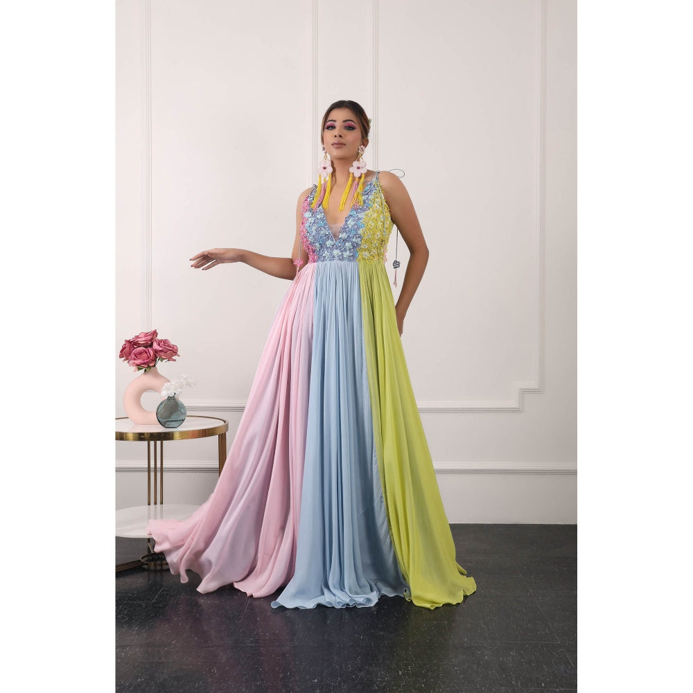 Kiran Kalsi 3D Floral Embroidered Multi-Color Maxi Dress (Set of 2)