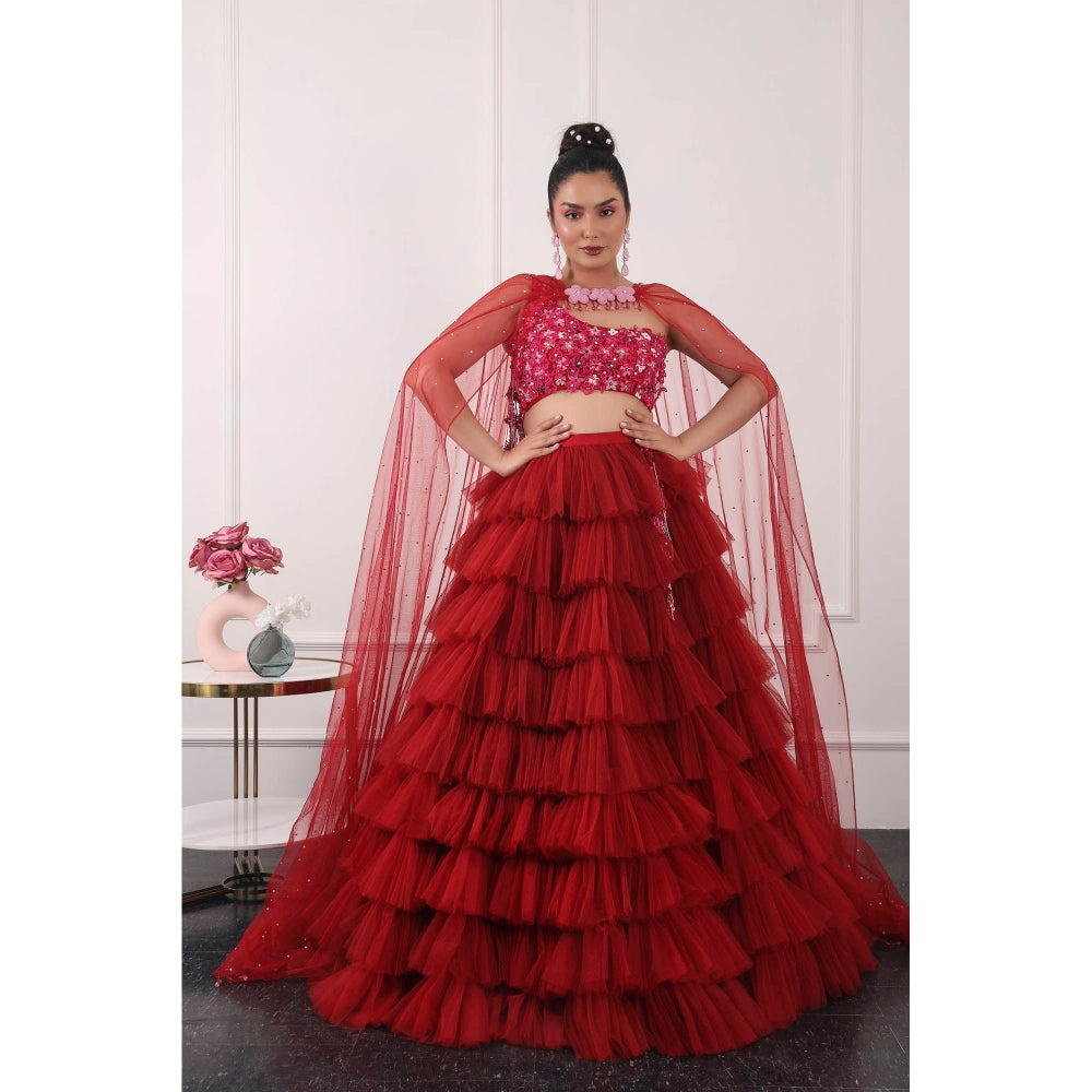 Kiran Kalsi Red 3D Embroidered Lehenga with Blouse and Dupatta (Set of 3)
