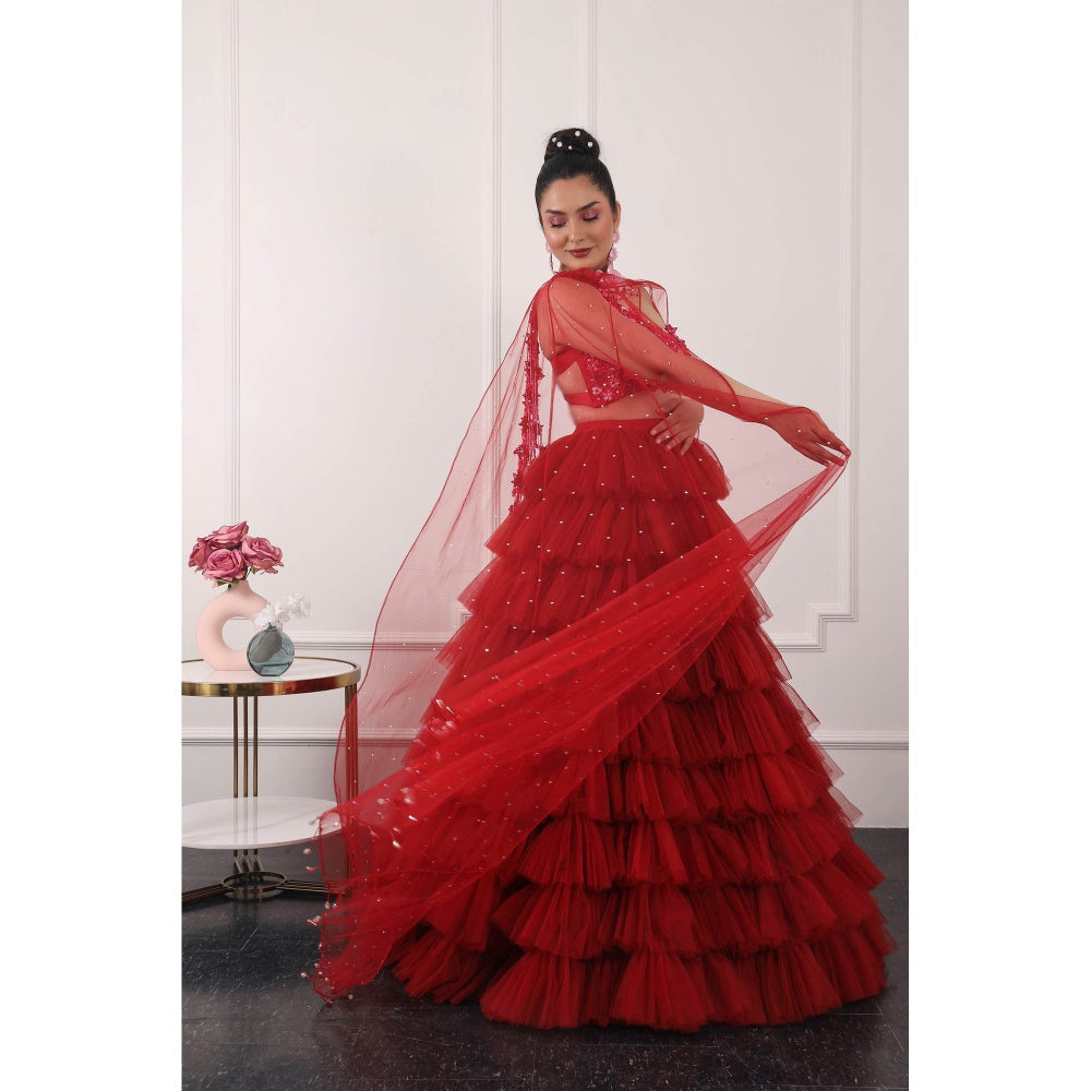 Kiran Kalsi Red 3D Embroidered Lehenga with Blouse and Dupatta (Set of 3)