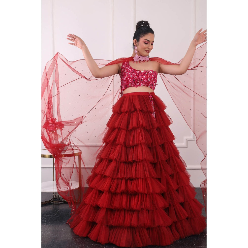 Kiran Kalsi Red 3D Embroidered Lehenga with Blouse and Dupatta (Set of 3)