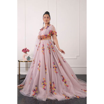 Kiran Kalsi Women Lavender 3D Embroidered Lehenga with Blouse and Dupatta (Set of 3)