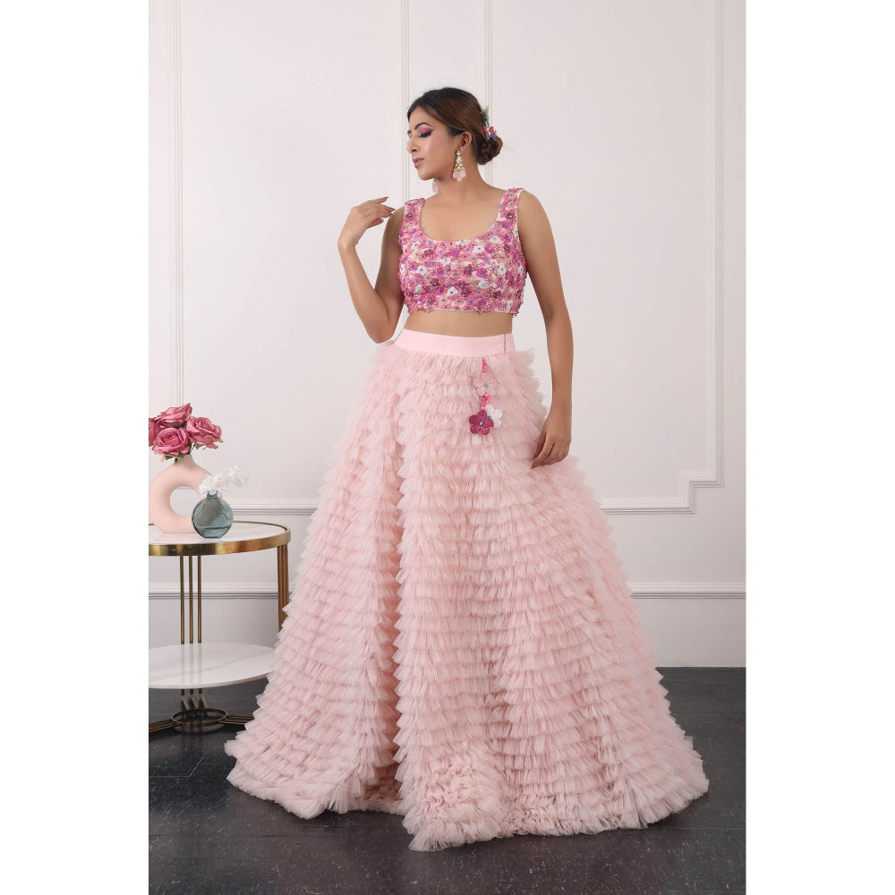 Kiran Kalsi Pink 3D Embroidered Lehenga with Blouse and Dupatta (Set of 3)