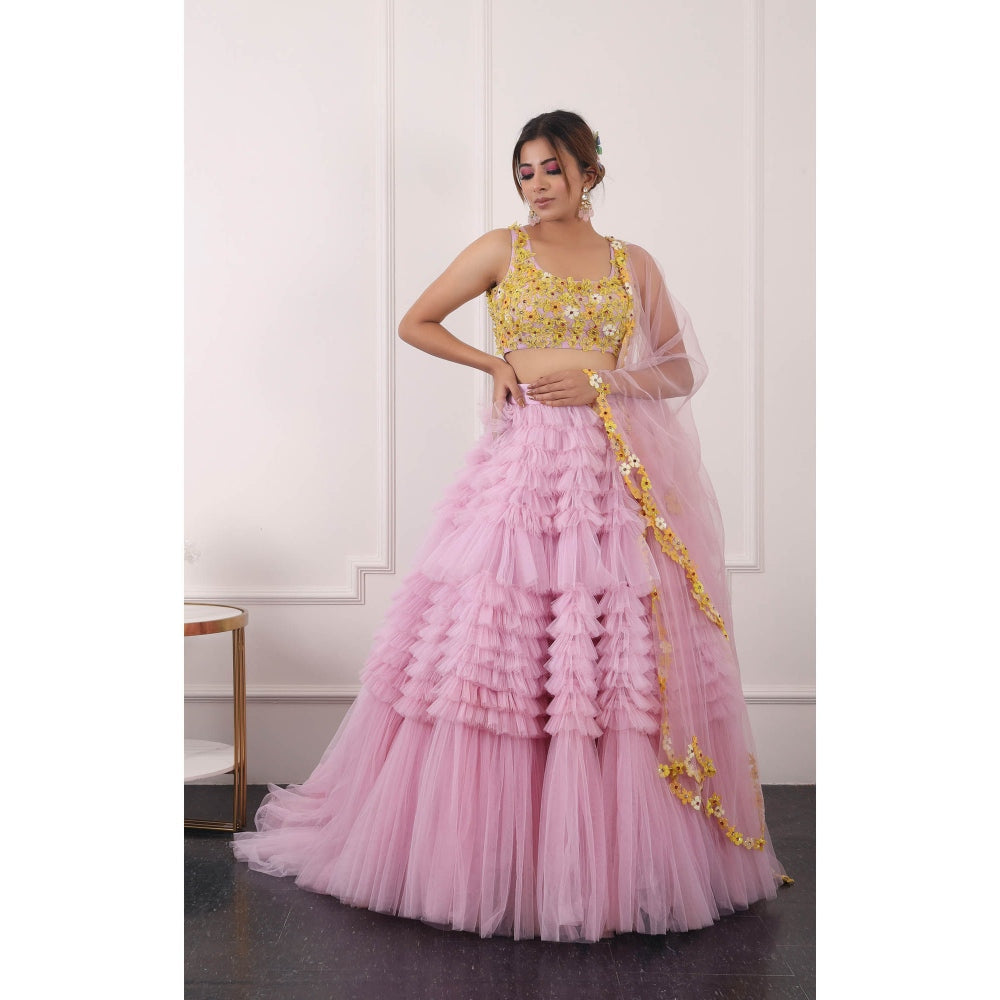 Kiran Kalsi Women Pink 3D Embroidered Lehenga with Blouse and Dupatta (Set of 3)