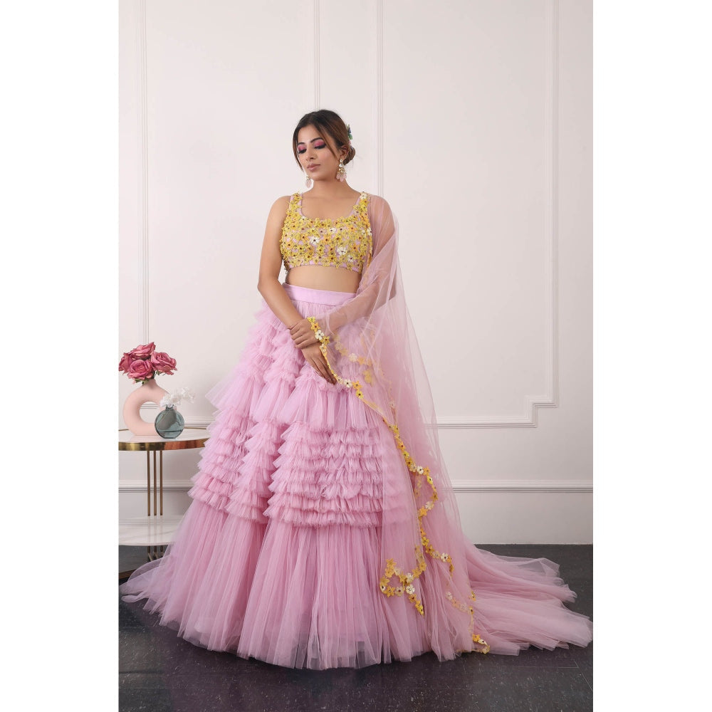 Kiran Kalsi Women Pink 3D Embroidered Lehenga with Blouse and Dupatta (Set of 3)