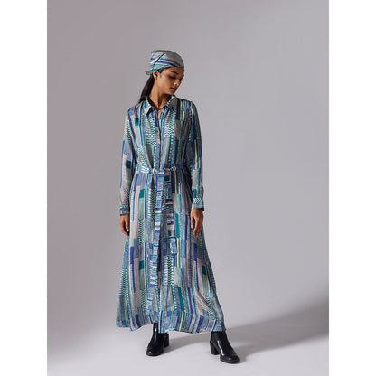 Klad Blue Printed Collar Neck Maxi Dress with Belt (Set of 2)
