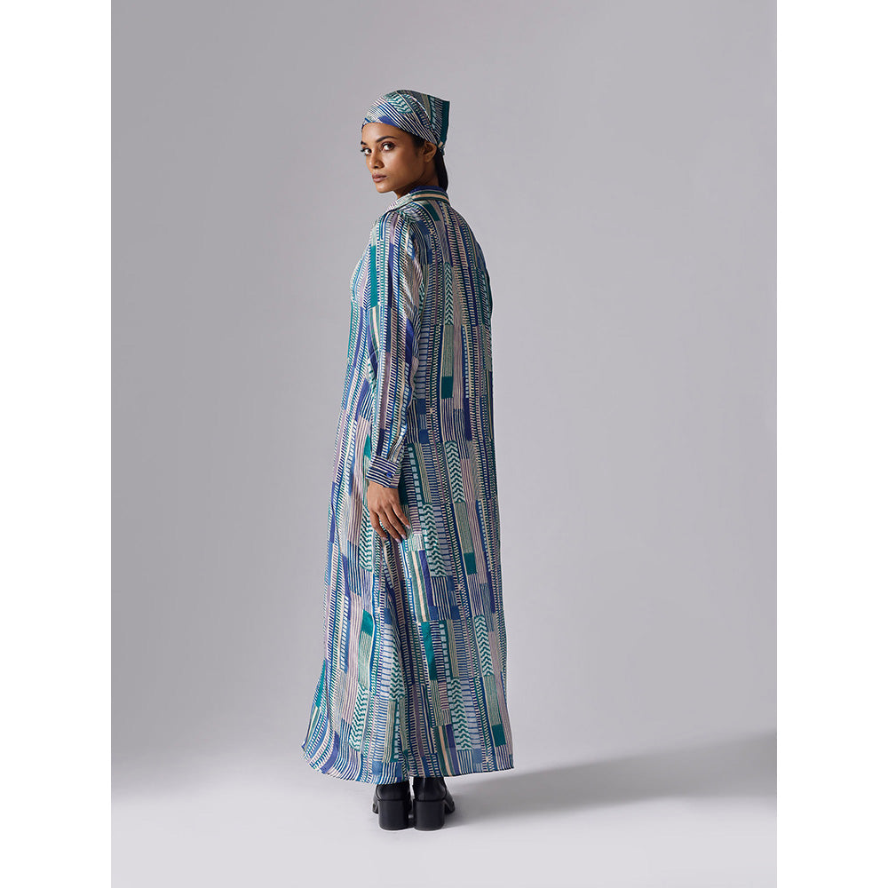 Klad Blue Printed Collar Neck Maxi Dress with Belt (Set of 2)