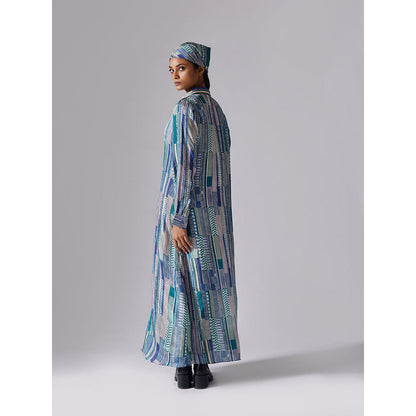 Klad Blue Printed Collar Neck Maxi Dress with Belt (Set of 2)