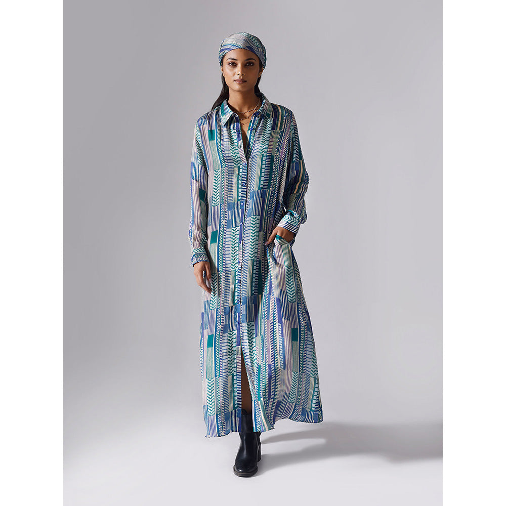 Klad Blue Printed Collar Neck Maxi Dress with Belt (Set of 2)