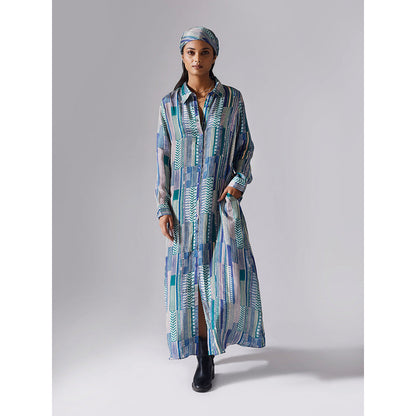 Klad Blue Printed Collar Neck Maxi Dress with Belt (Set of 2)
