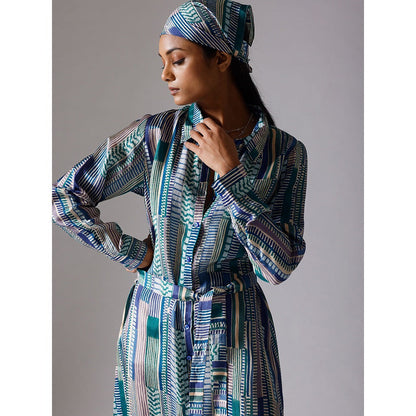 Klad Blue Printed Collar Neck Maxi Dress with Belt (Set of 2)