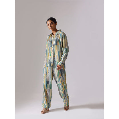 Klad Geometric Green Collar Neck Elastic Co-Ord (Set of 2)