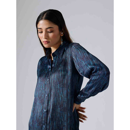 Klad Abstract Lines Cyan Shirt Dress with Belt (Set of 2)