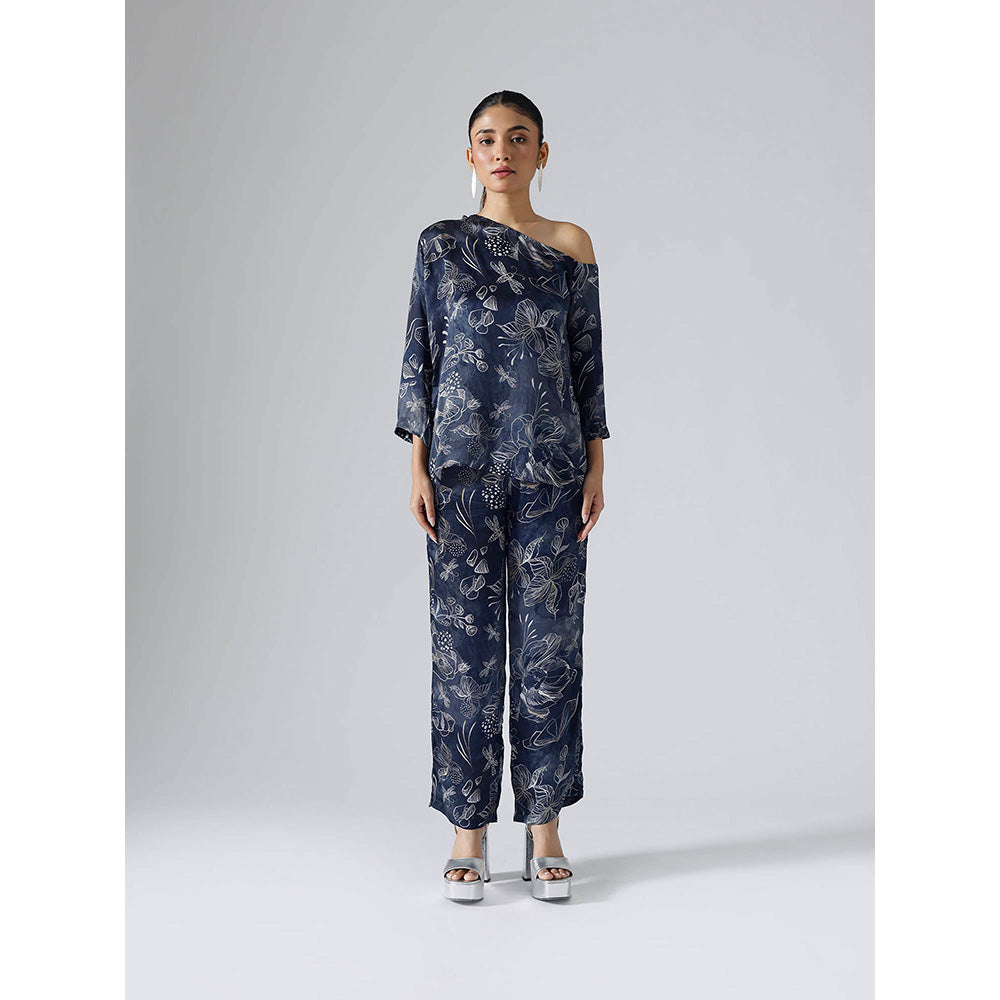 Klad Reverie Navy Blue Floral Asymmetrical Co-Ord (Set of 2)
