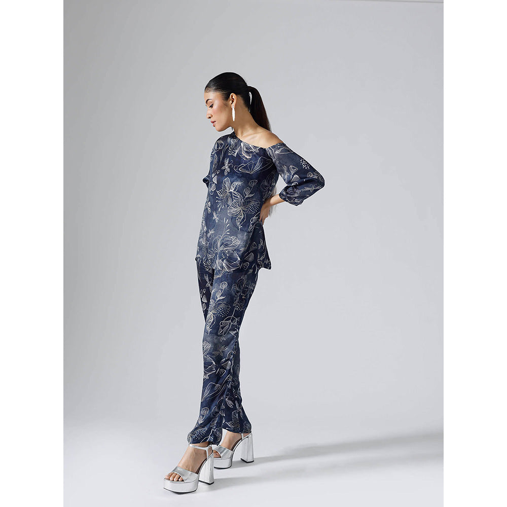 Klad Reverie Navy Blue Floral Asymmetrical Co-Ord (Set of 2)