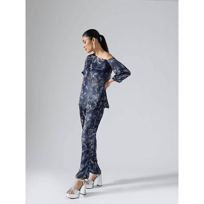 Klad Reverie Navy Blue Floral Asymmetrical Co-Ord (Set of 2)