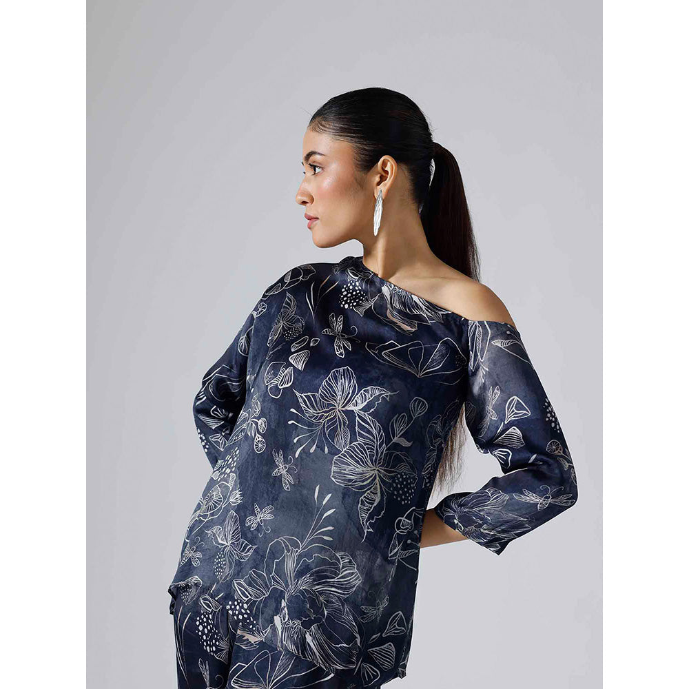 Klad Reverie Navy Blue Floral Asymmetrical Co-Ord (Set of 2)