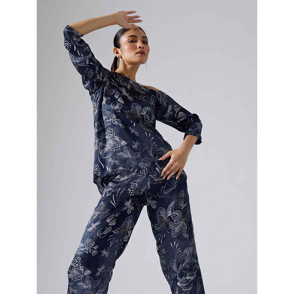 Klad Reverie Navy Blue Floral Asymmetrical Co-Ord (Set of 2)