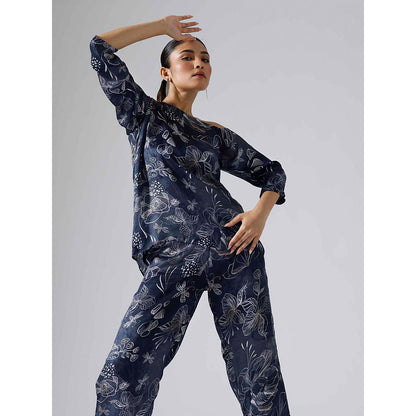Klad Reverie Navy Blue Floral Asymmetrical Co-Ord (Set of 2)