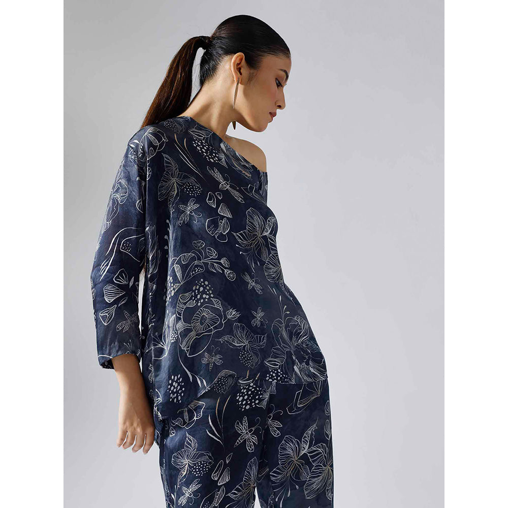 Klad Reverie Navy Blue Floral Asymmetrical Co-Ord (Set of 2)