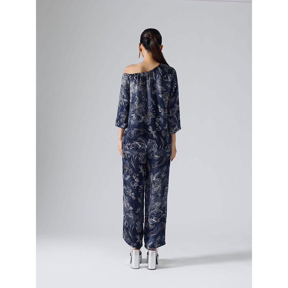 Klad Reverie Navy Blue Floral Asymmetrical Co-Ord (Set of 2)