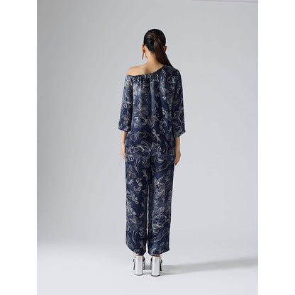 Klad Reverie Navy Blue Floral Asymmetrical Co-Ord (Set of 2)