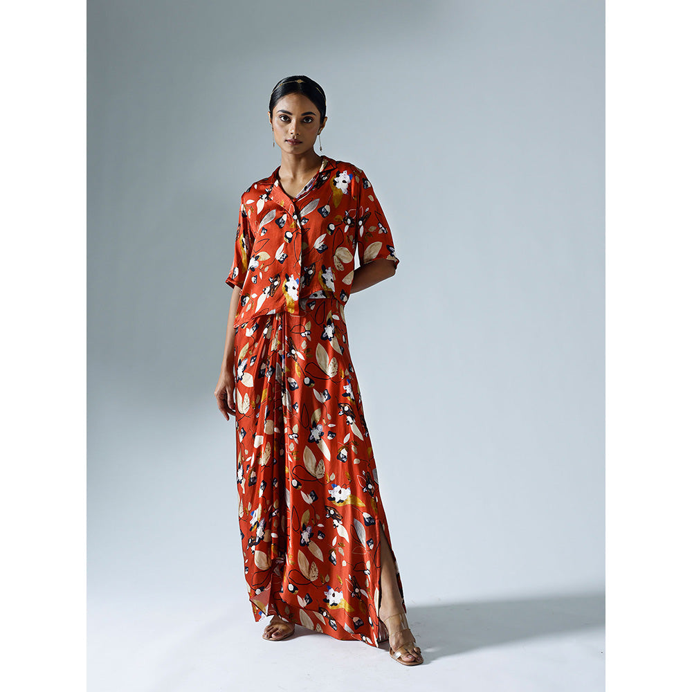 Klad Vivid Red Printed Cropped Shirt with Draped Skirt (Set of 2)