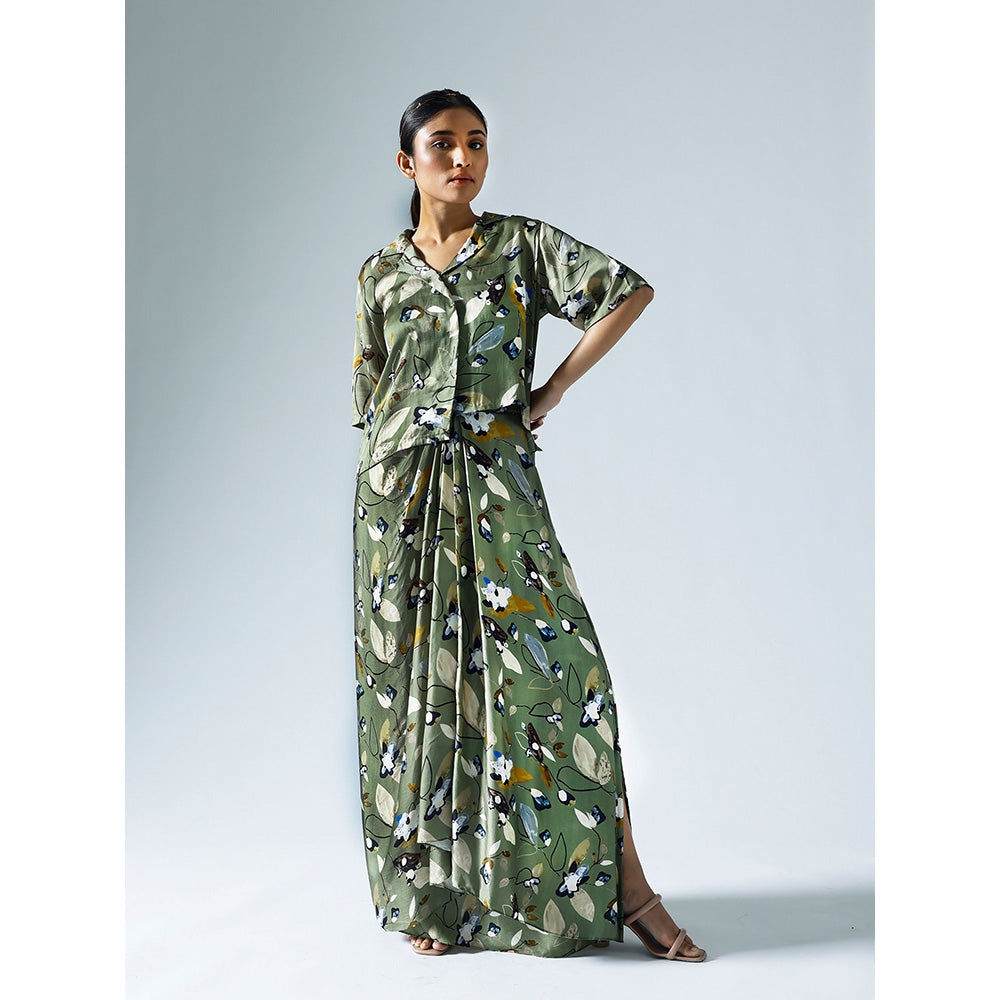 Klad Vivid Green Printed Cropped Shirt with Draped Skirt (Set of 2)