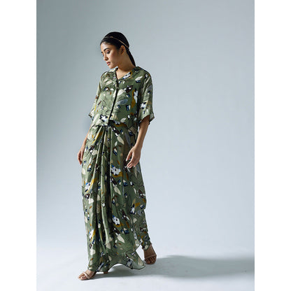 Klad Vivid Green Printed Cropped Shirt with Draped Skirt (Set of 2)