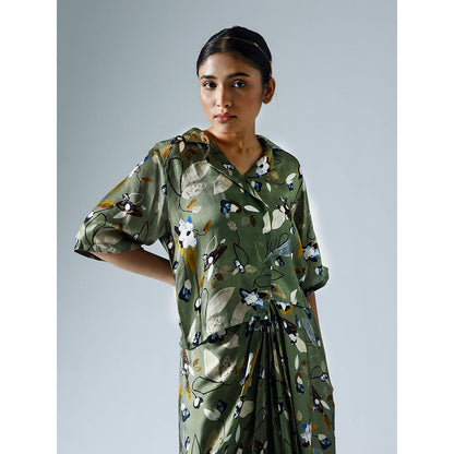 Klad Vivid Green Printed Cropped Shirt with Draped Skirt (Set of 2)