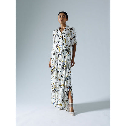 Klad Vivid White Printed Cropped Shirt with Draped Skirt (Set of 2)