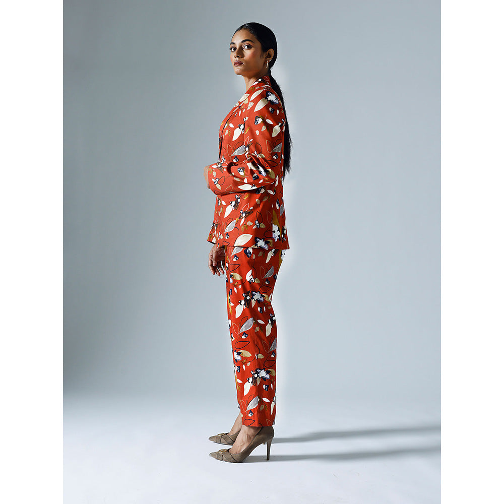 Klad Vivid Red Printed Shawl Lapel Blazer with Inner and Pant (Set of 3)