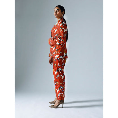 Klad Vivid Red Printed Shawl Lapel Blazer with Inner and Pant (Set of 3)