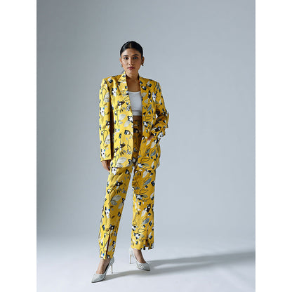Klad Vivid Yellow Printed Notched Lapel Blazer with Inner and Pant (Set of 3)
