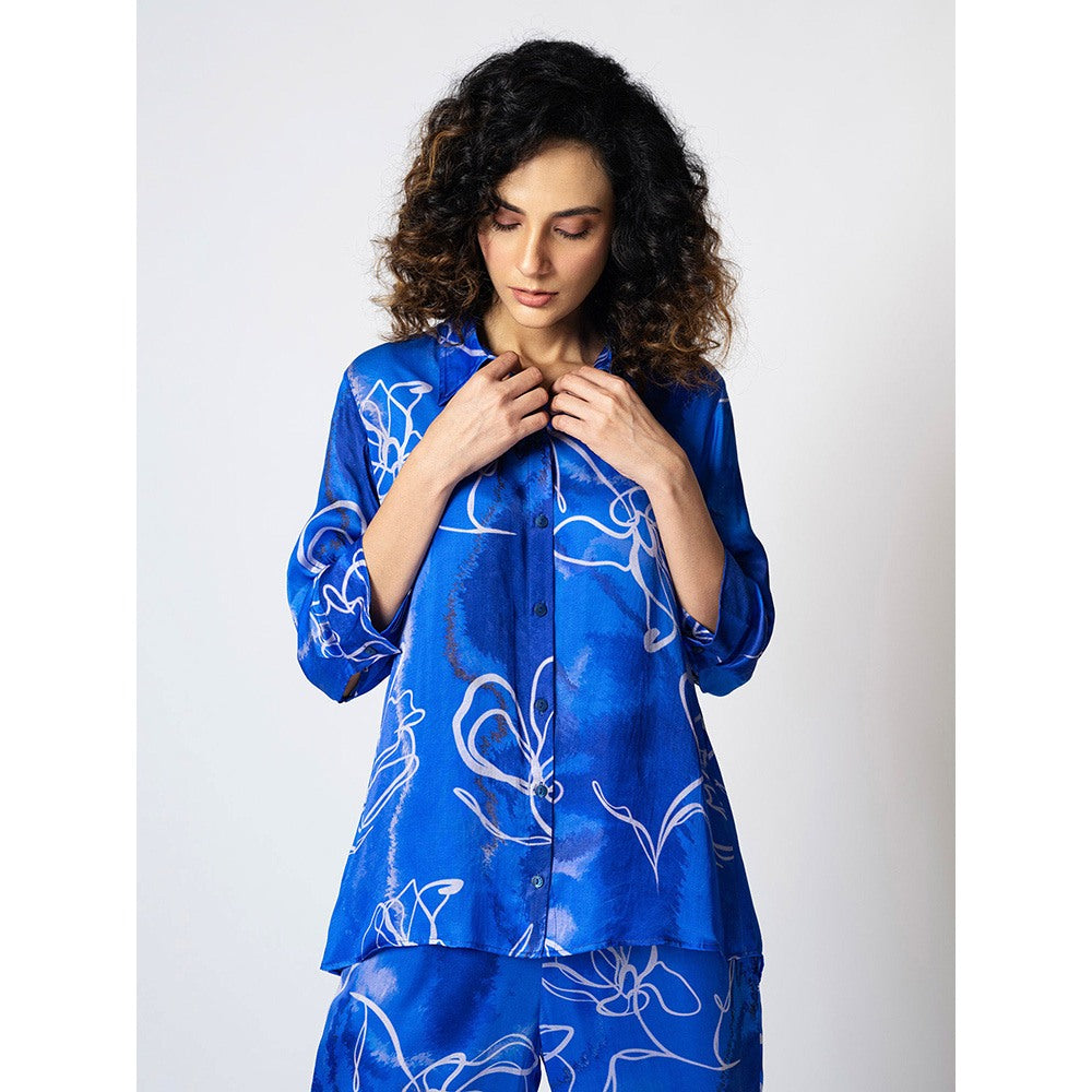 Klad Marbled Floral Blue Collar Neck Co-Ord (Set of 2)