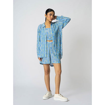 Klad Rhombus Icy Blue Collar Neck Jacket with Inner and Shorts (Set of 3)