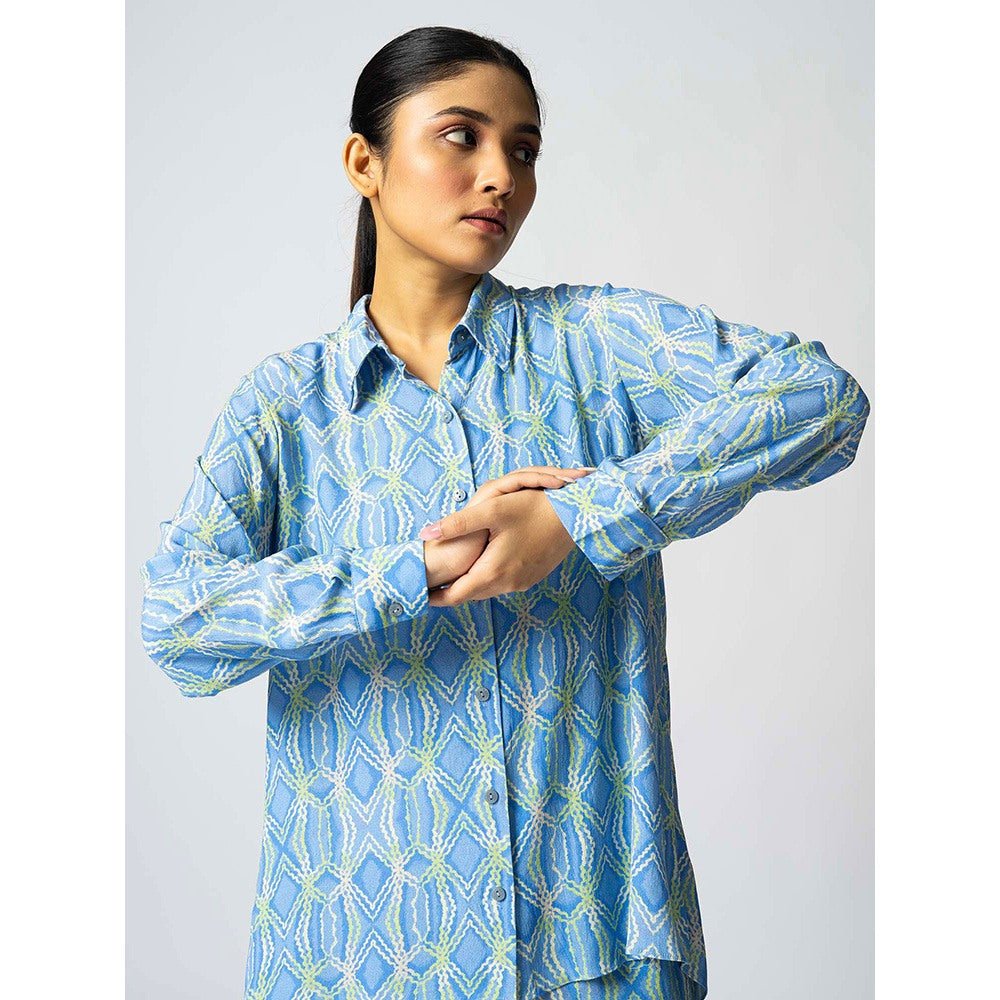 Klad Rhombus Icy Blue Printed Collar Neck Shirt