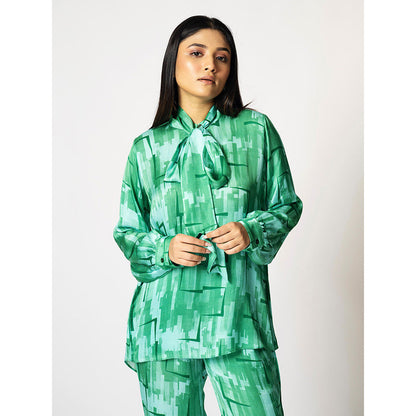 Klad Brick Green Mandarin Neck Top with Scarf (Set of 2)