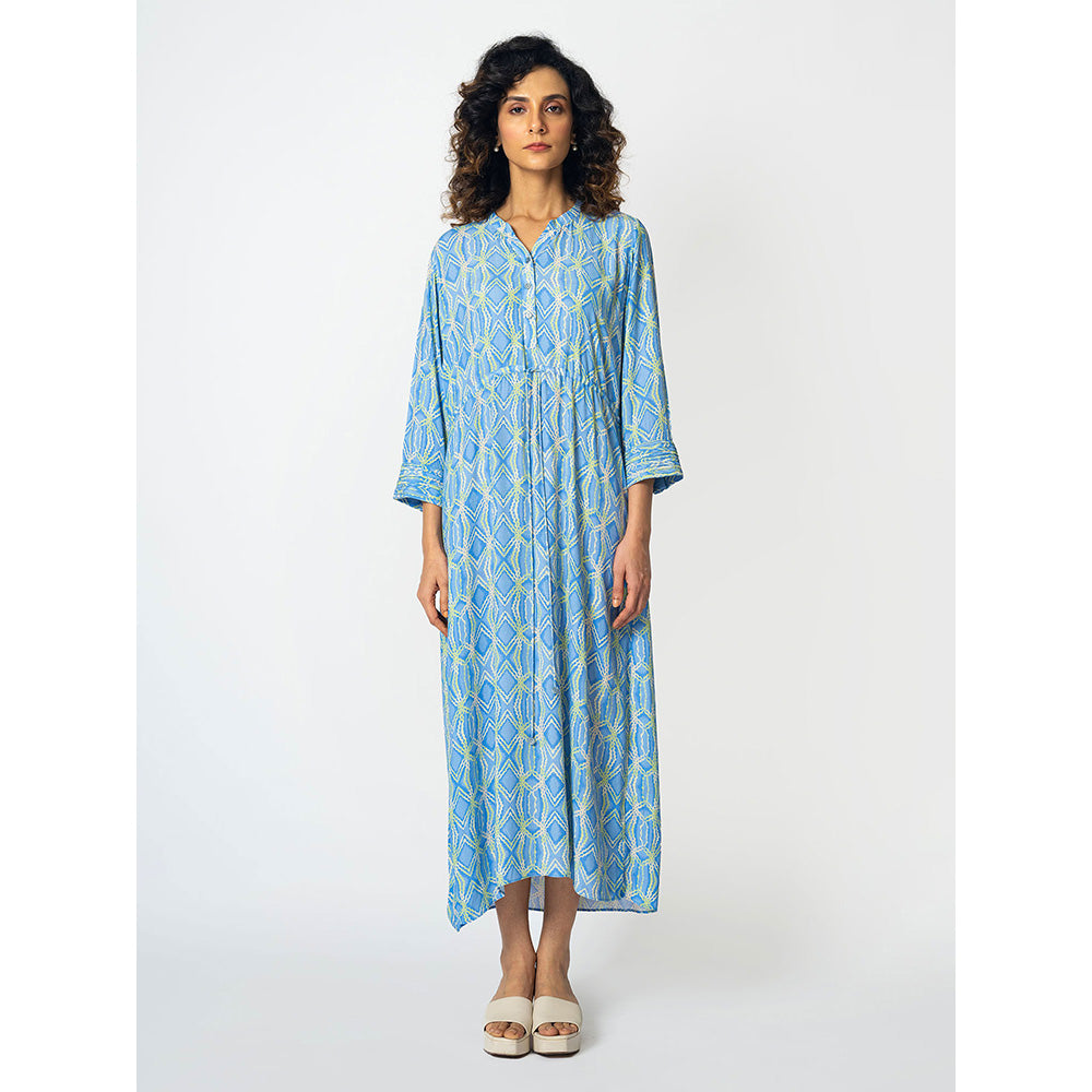 Klad Rhombus Icy Blue Drawstring Mandarin Neck Dress