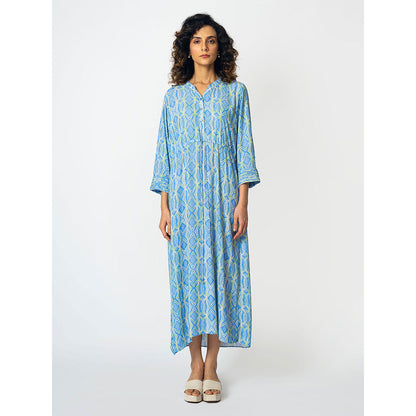 Klad Rhombus Icy Blue Drawstring Mandarin Neck Dress