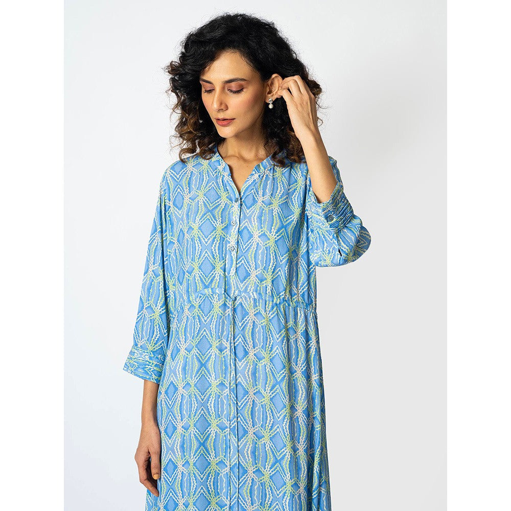 Klad Rhombus Icy Blue Drawstring Mandarin Neck Dress