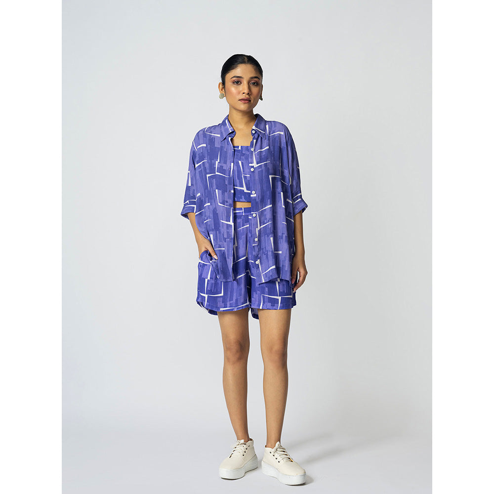 Klad Brick Blue Collar Neck Shirt with Inner and Shorts (Set of 3)