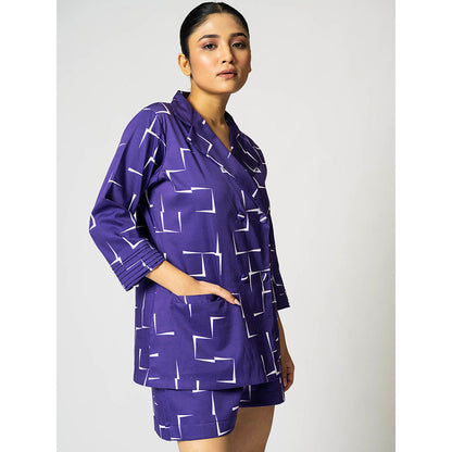 Klad Brick Purple Printed Notched Lapel Blazer