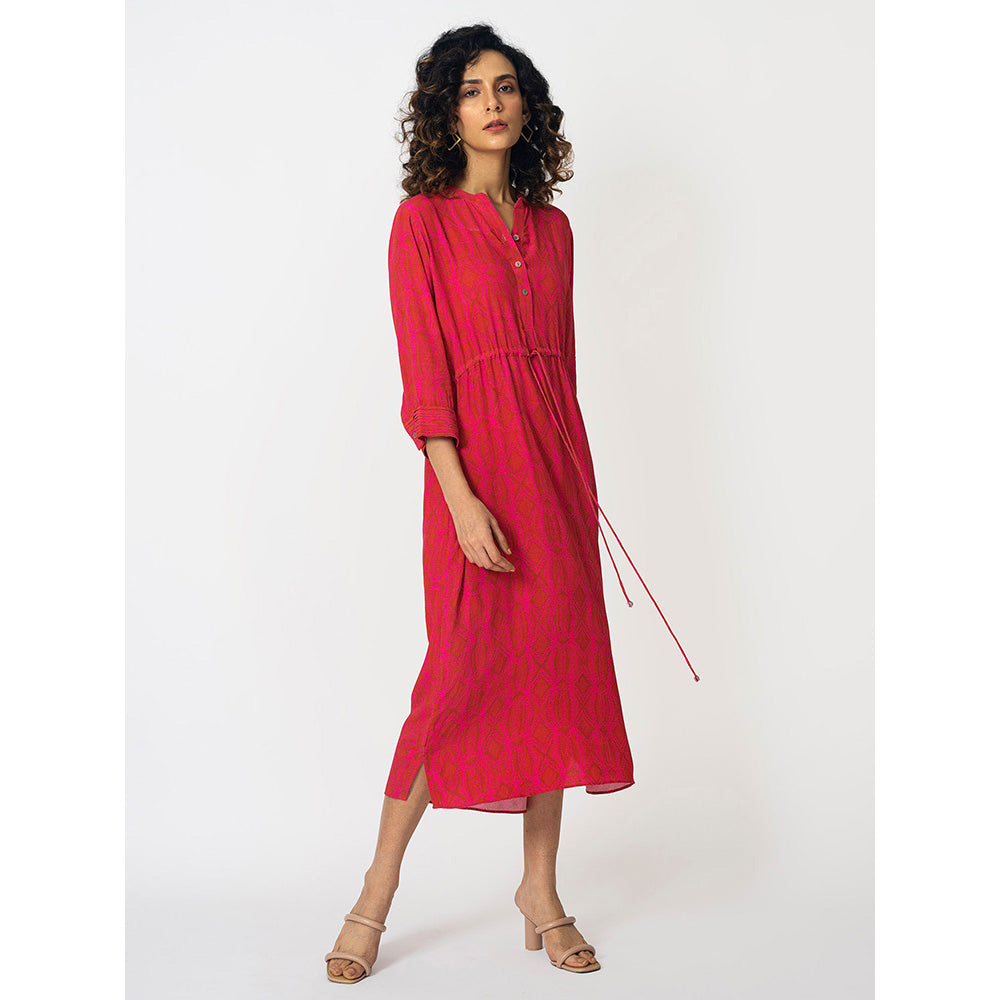 Klad Rhombus Pink Drawstring Mandarin Neck Dress