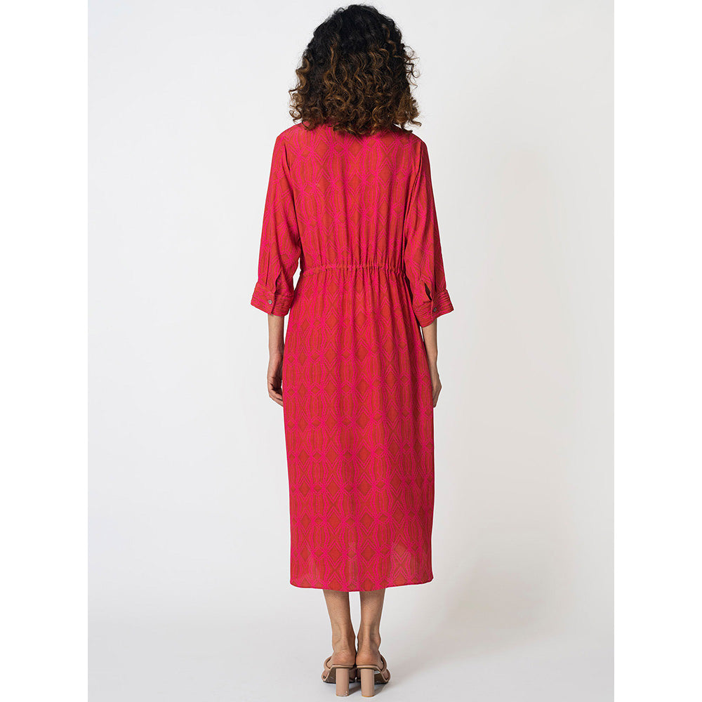 Klad Rhombus Pink Drawstring Mandarin Neck Dress